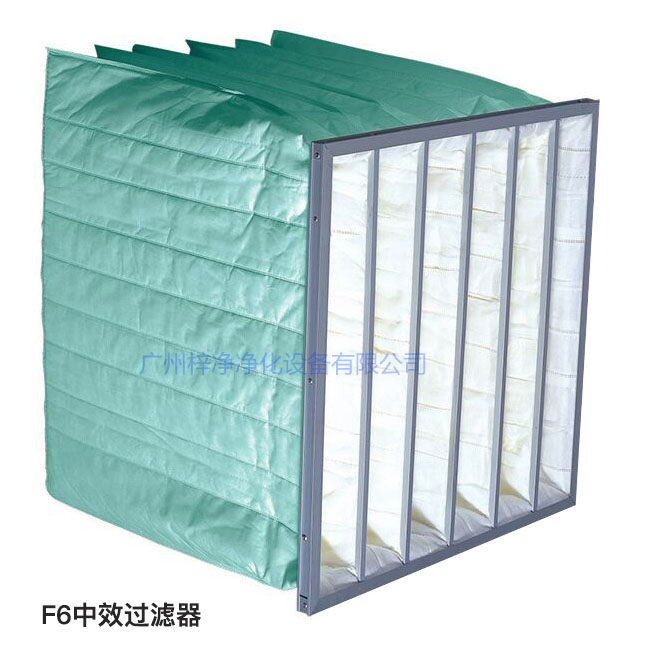 F6级袋式中效日皮免费视频过滤效率为60-65%,常用于净化空调中级过滤。